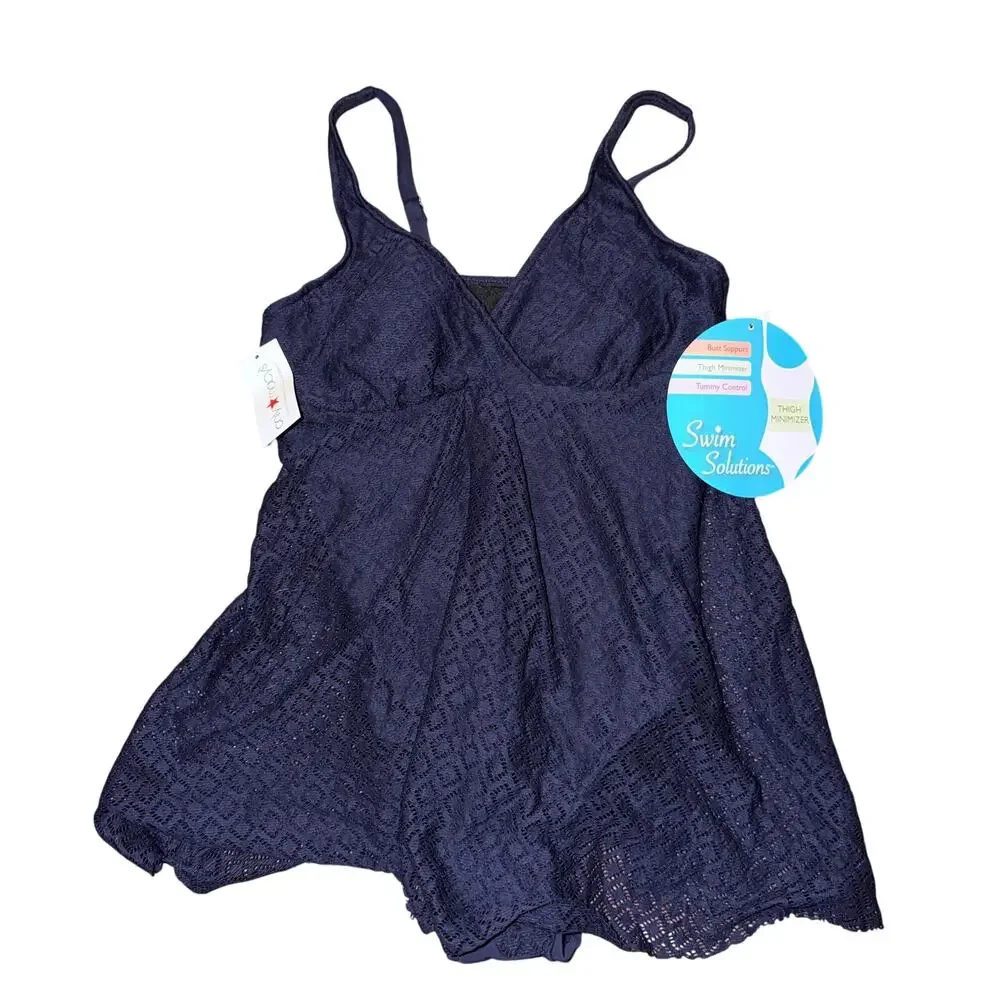 Swim Solutions Fly Away One Piece Swimsuit Women’s Size 12 Navy Blue Crochet New - Picture 1 of 7